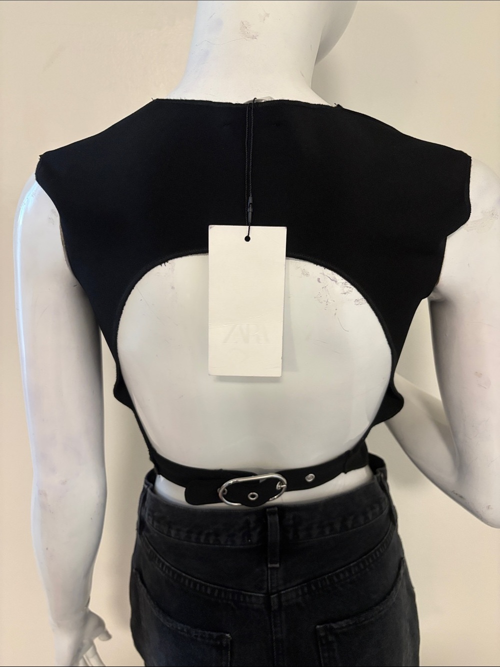 Zara Black Sleeveless Ribbed Open Back Muscle Tank w Buckle Strap Closure